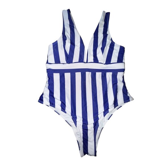 Striped Blue & White One-Piece Swimsuit XL Swimwear Beach Pool Bathing Suit Cute - Picture 1 of 5